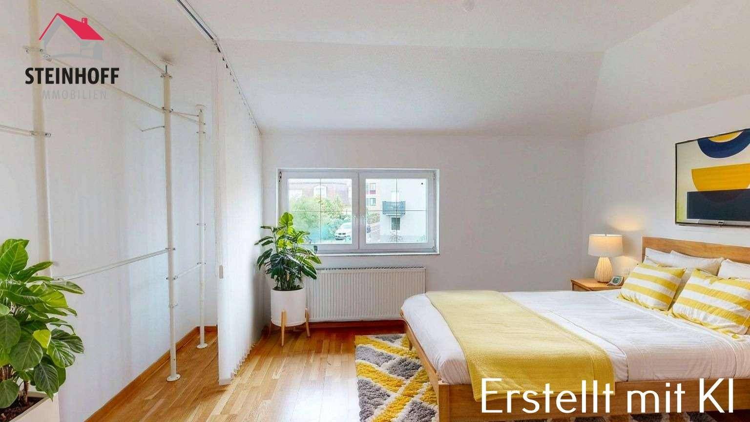 Helles Schlafzimmer mit Holzboden, großem Bett und offener Kleiderstange für modernen Stauraum.