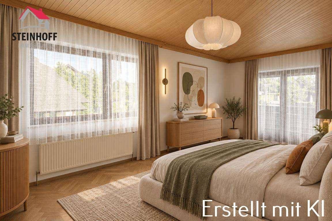 Gemütliches Schlafzimmer mit Holzboden, Holzdecke und großen Fenstern für viel Tageslicht.