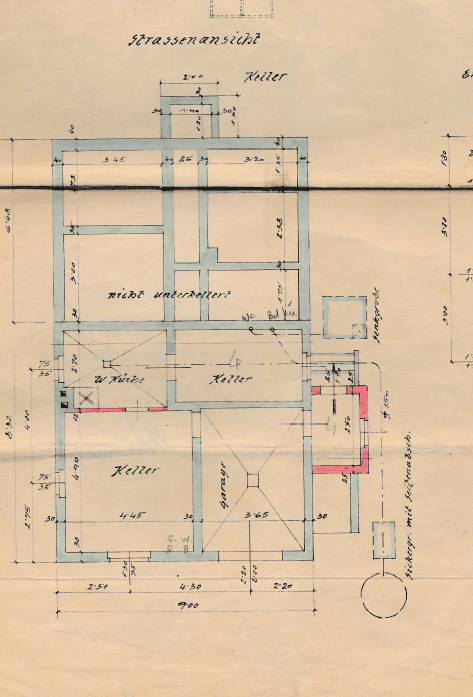 Grundriss des Kellers mit Garage und verschiedenen Abstellräumen.