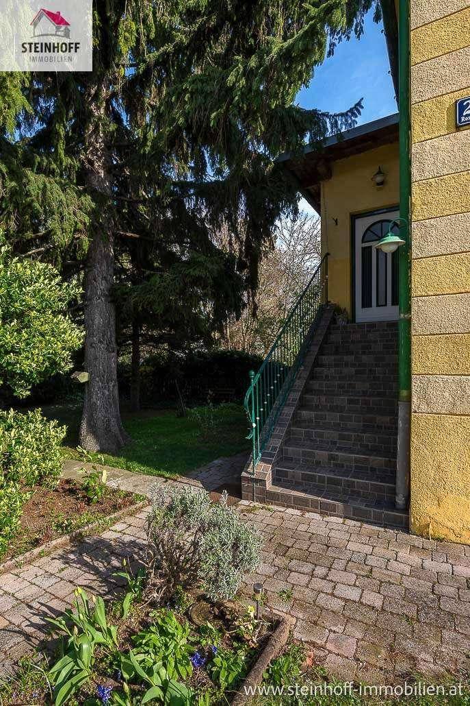 Eingangsbereich des Hauses mit Steintreppe, schmiedeeisernem Geländer und gepflegtem Vorgarten.