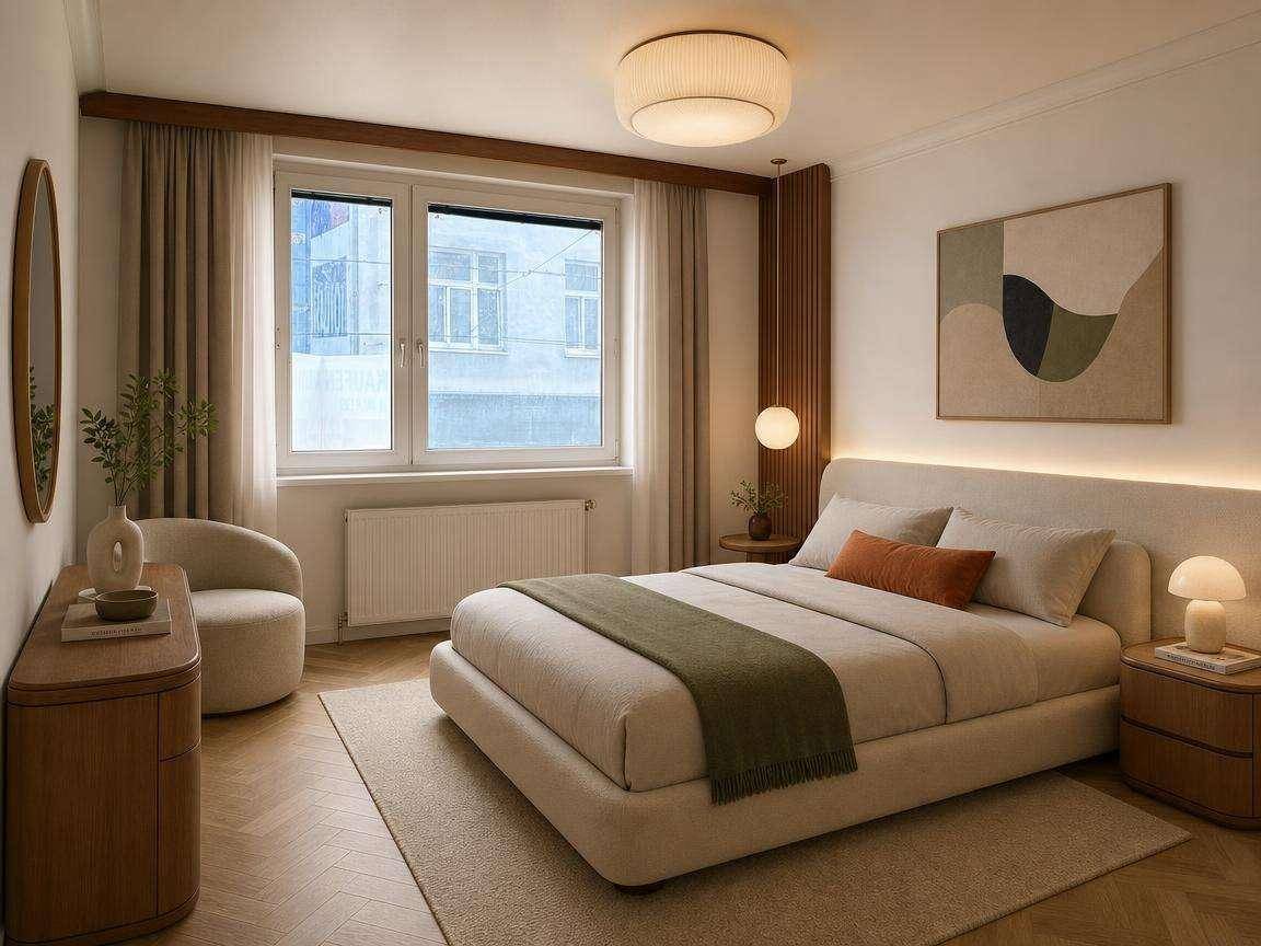 Gemütliches Schlafzimmer mit großem Bett, Nachttischen und Fischgrätparkettboden.