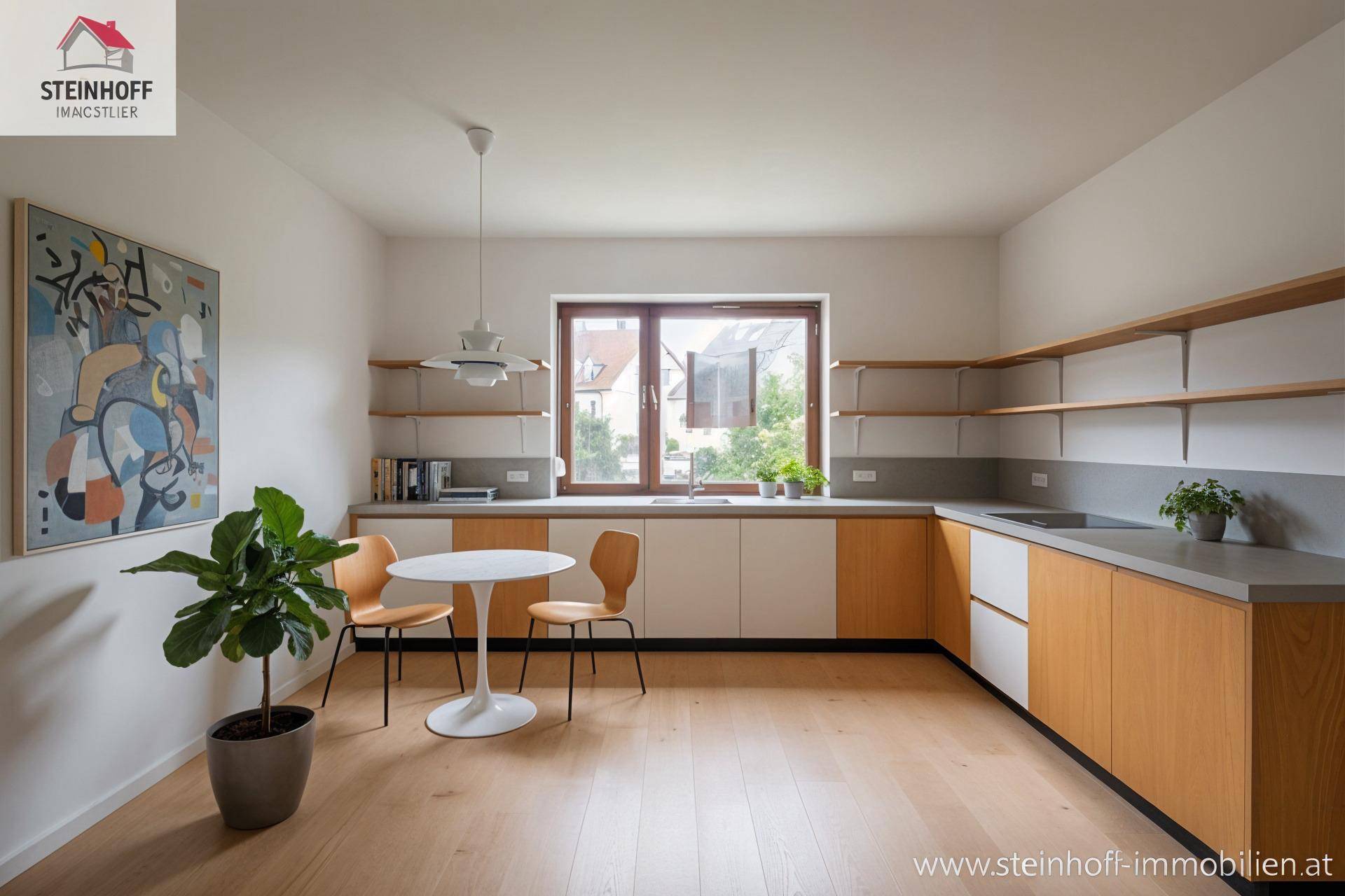 Moderne Küche mit Holzboden, hellen Schränken und Essbereich am Fenster.