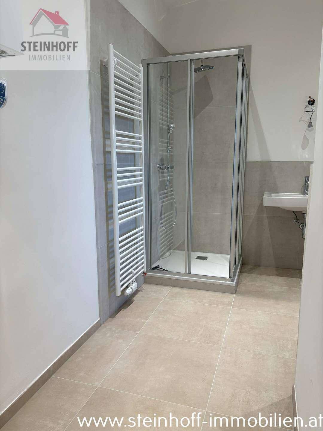 Modernes Badezimmer mit Duschkabine, Waschbecken und beheiztem Handtuchhalter.