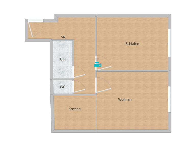 Grundriss einer Wohnung mit Schlafzimmer, Wohnzimmer, Küche, Bad und WC.