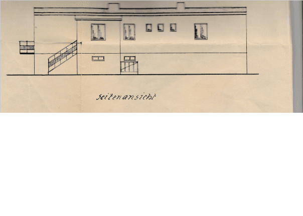 Seitenansicht des Gebäudes als architektonische Zeichnung mit Treppe.