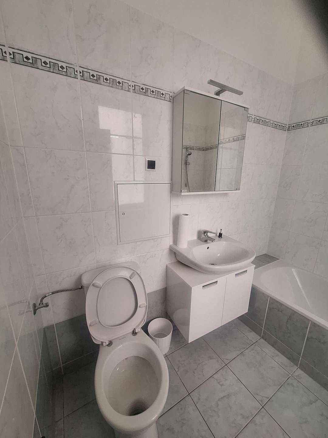 Detailansicht des Badezimmers mit Toilette, Waschbecken, Spiegelschrank und hellen Fliesen an Wänden und Boden.