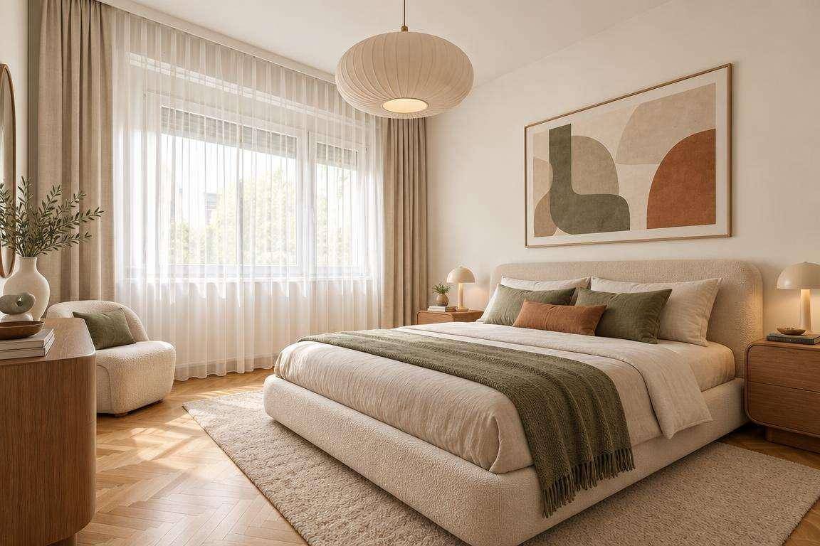 Gemütliches Schlafzimmer mit großem Bett, Holzboden und viel Tageslicht.