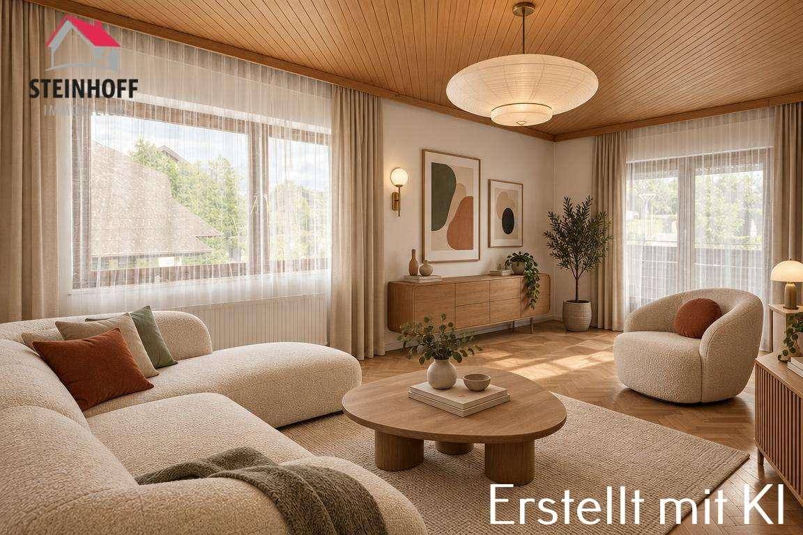 Helles Wohnzimmer mit bequemen Möbeln, Holzdecke und großen Fenstern mit Blick ins Grüne.