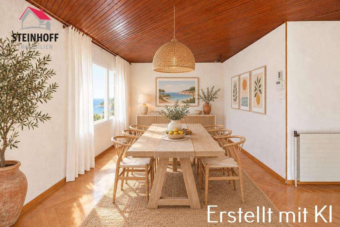 Heller Essbereich mit Holztisch, Rattanlampe und einem wunderschönen Meerblick durch die Fenster.