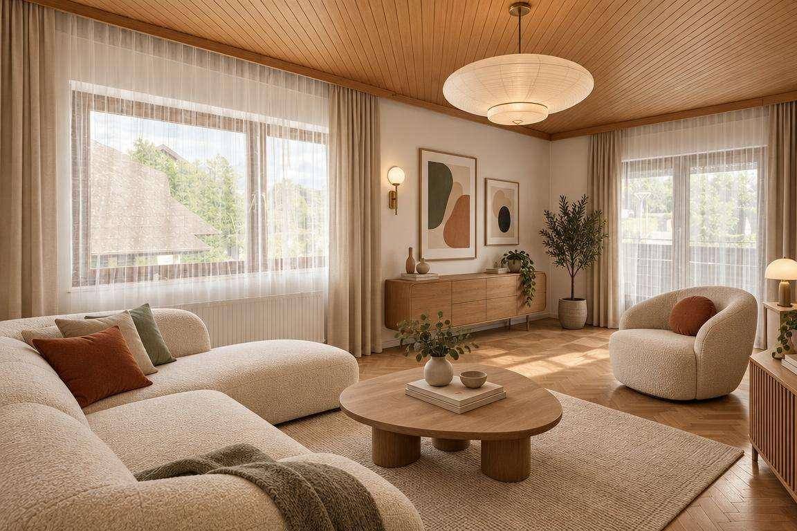 Gemütliches Wohnzimmer mit Holzbalkendecke, großen Fenstern und moderner Einrichtung.