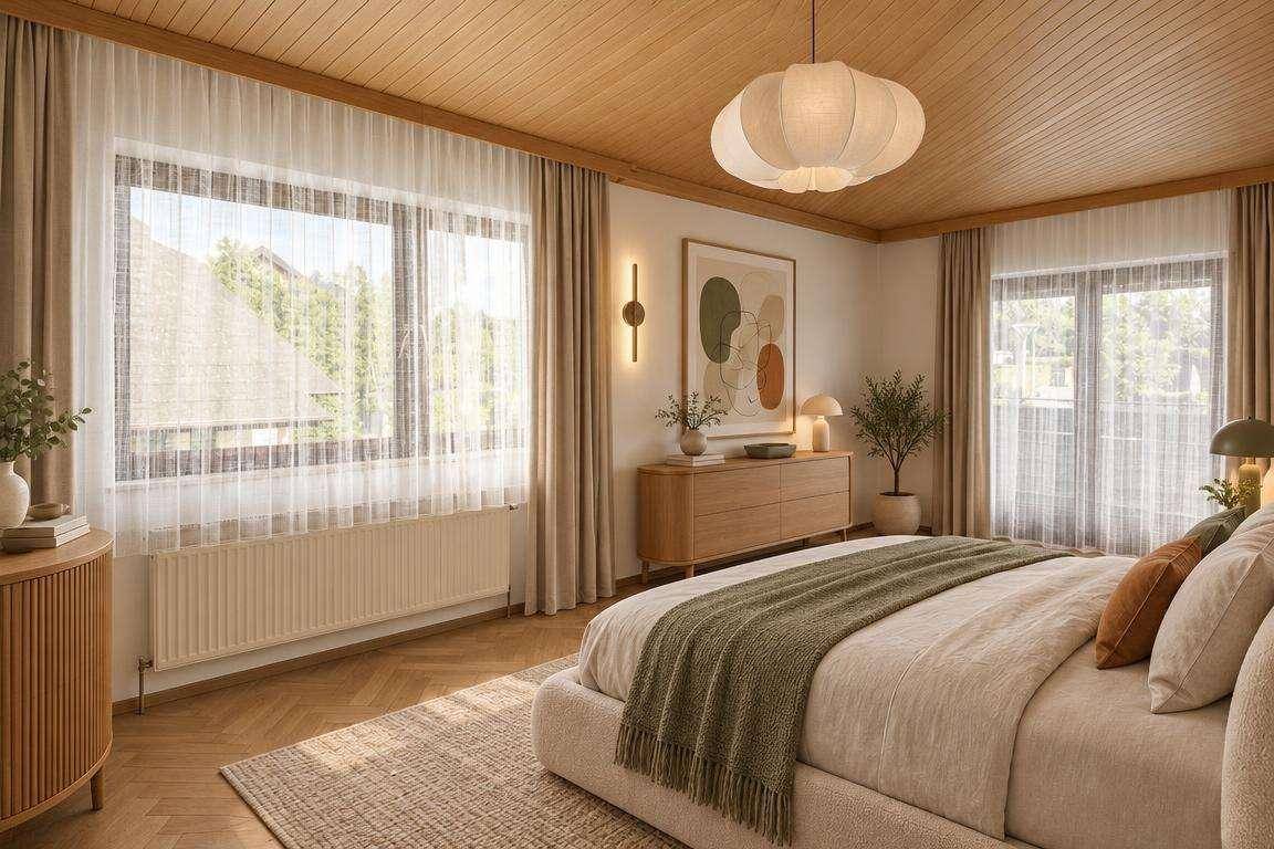 Helles Schlafzimmer mit Holzbalkendecke, großen Fenstern und Blick ins Grüne.