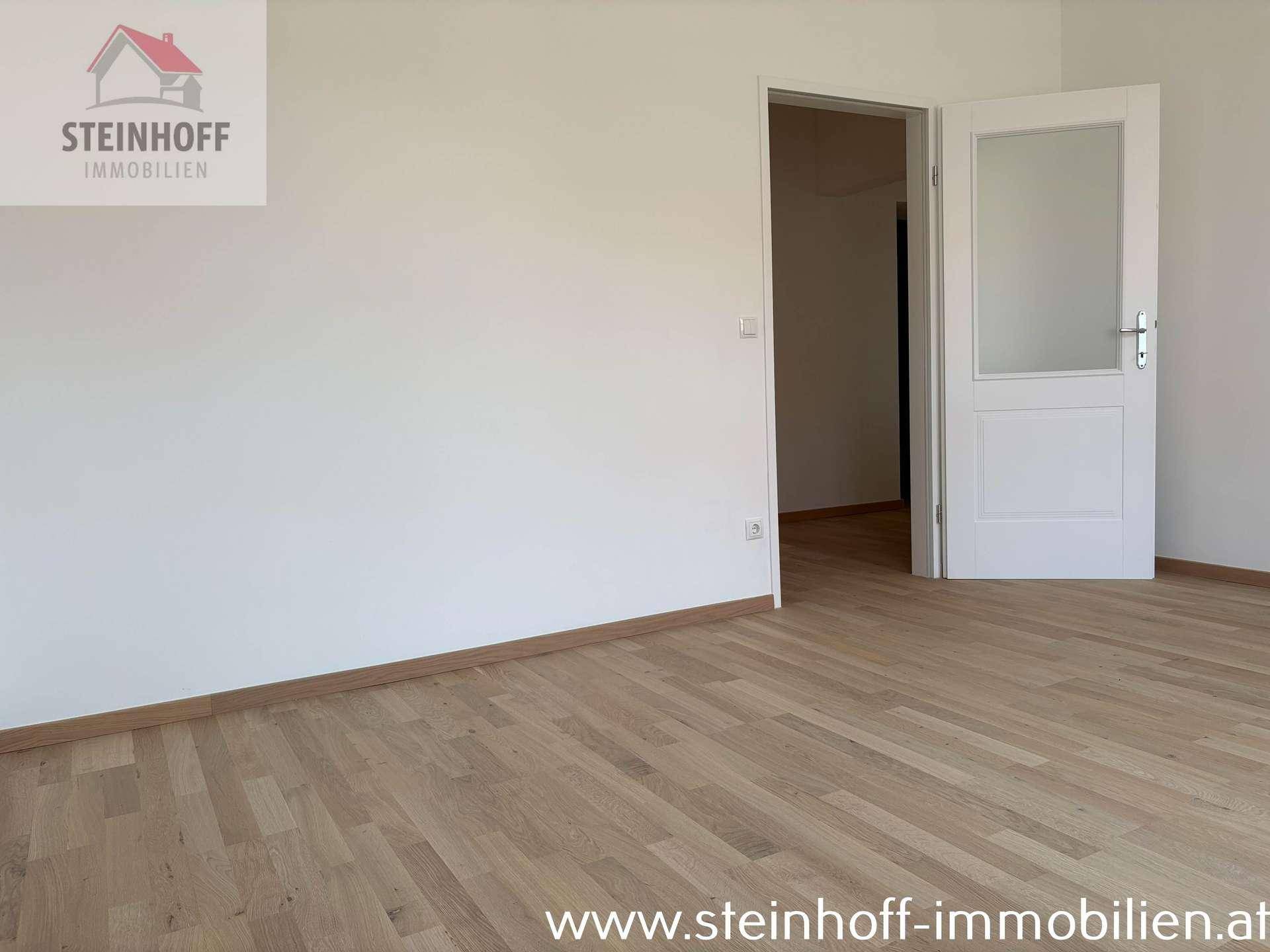 Leeres Zimmer mit Parkettboden und einer Tür mit Glaseinsatz, die zu einem anderen Raum führt.
