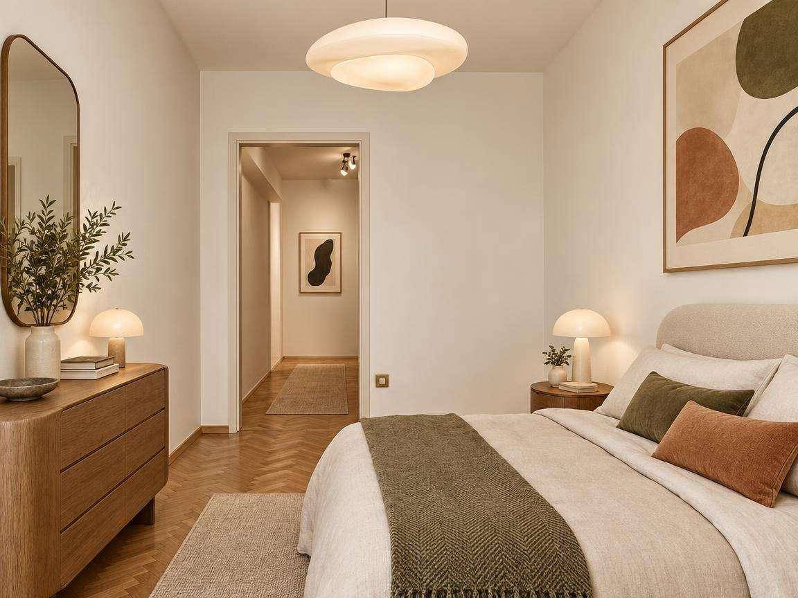 Ruhiges Schlafzimmer mit Holzboden und Zugang zu einem hellen Flur.