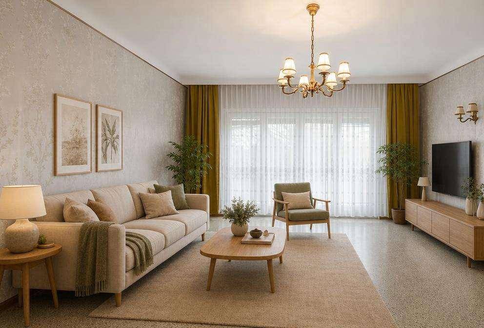 Geräumiges Wohnzimmer mit beigem Sofa, Terrazzoboden und Zugang zu einem Balkon.