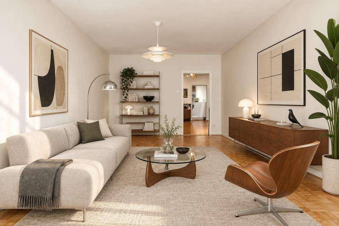 Stilvolles Wohnzimmer mit modernem Sofa, Holzboden und Blick in den Flur.