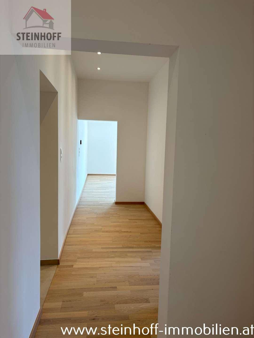 Geräumiger Flur mit Parkettboden und einem Durchgang zu einem weiteren Bereich der Wohnung.