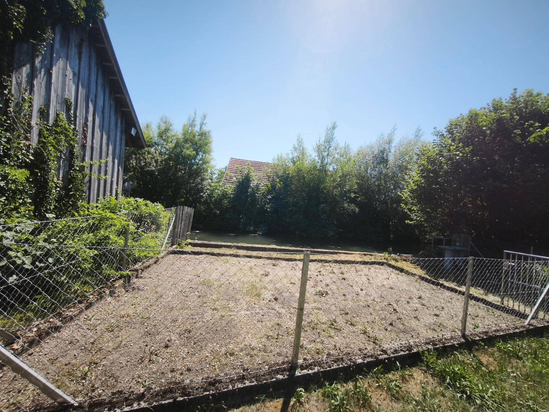 Sonniges Gartengrundstück mit Zaun, altem Holzschuppen und üppiger Vegetation.