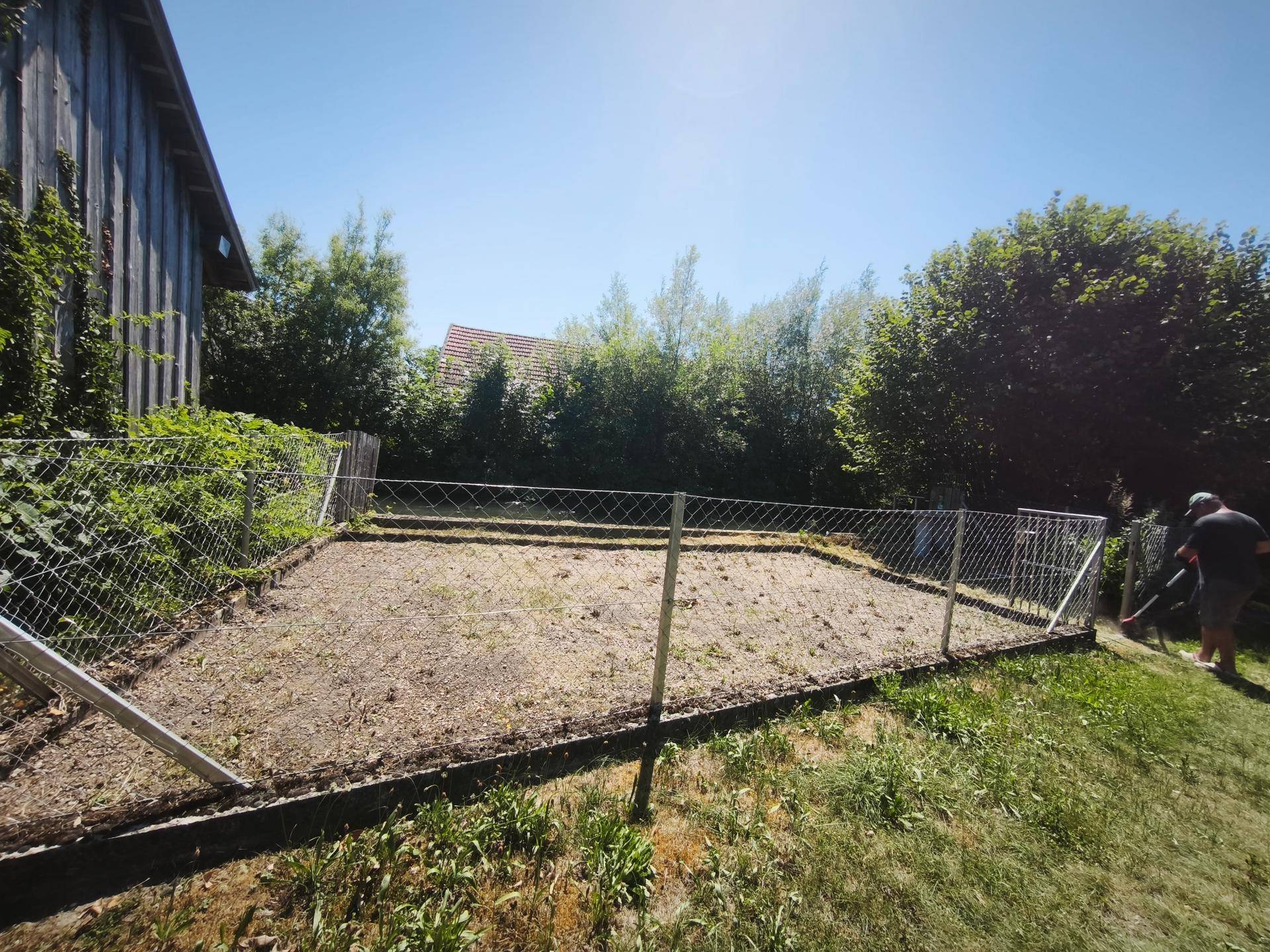 Sonniges Gartengrundstück mit Zaun und einem alten Holzschuppen im Hintergrund.