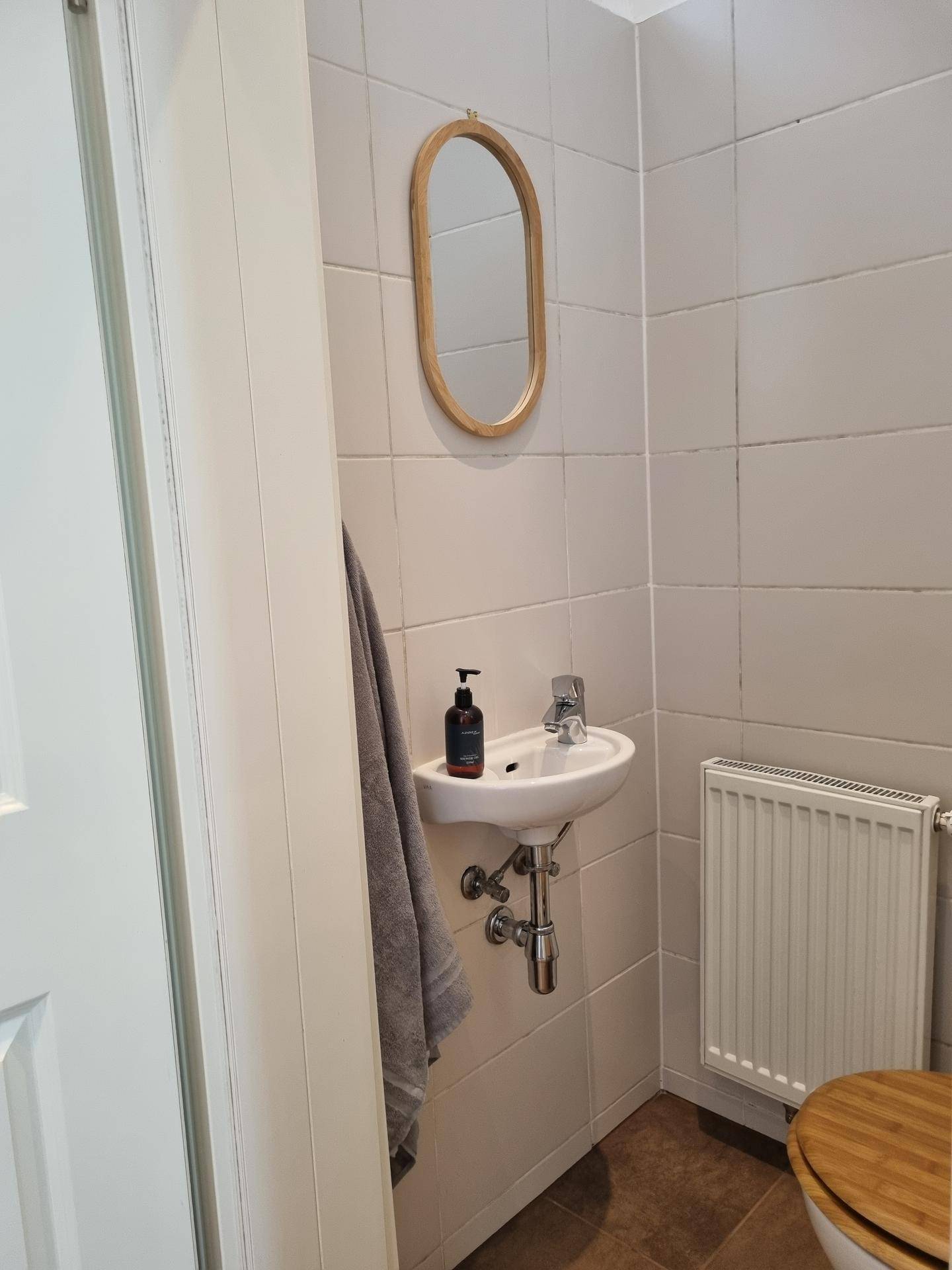 Kleines Gäste-WC mit Toilette, Handwaschbecken und ovalem Spiegel.