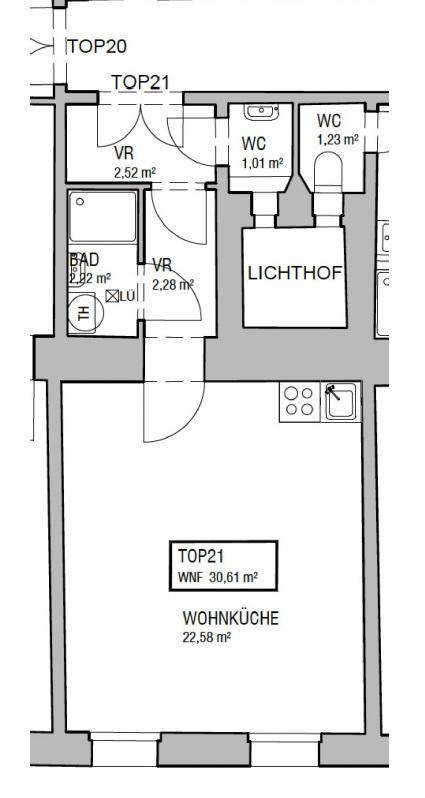 Grundriss der Wohnung TOP 21 mit Wohnküche, Bad und separatem WC.