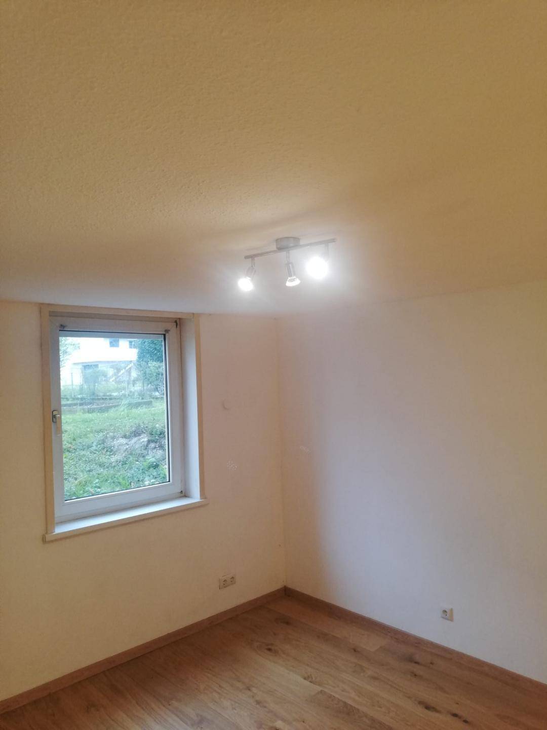 Helles, leeres Zimmer mit Holzfußboden und einem Fenster mit Blick ins Grüne.