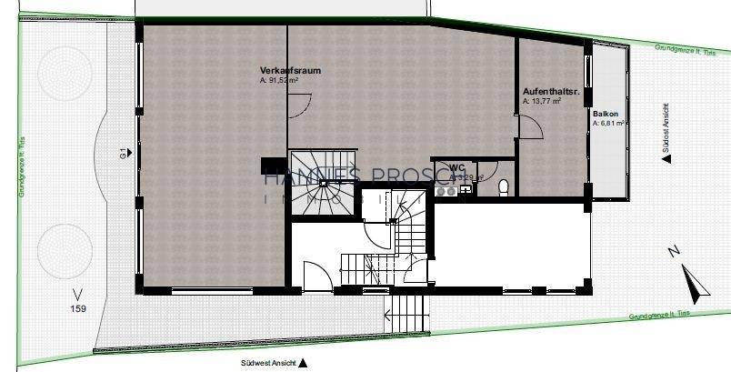 Grundriss einer Gewerbefläche mit großem Verkaufsraum, Aufenthaltsraum, WC und einem Balkon.