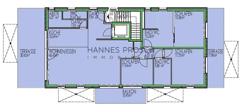 Detaillierter Grundriss einer Wohnung mit offenem Wohn-Essbereich, drei Schlafzimmern und zwei Terrassen.