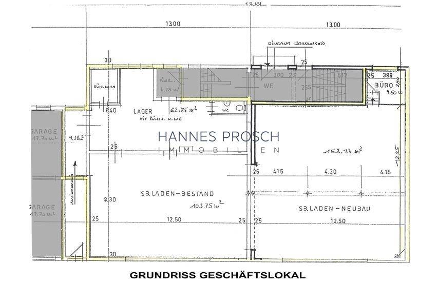 Grundriss des Geschäftslokals mit Lagerflächen, Büro, Garagenzugang und offener Raumaufteilung.