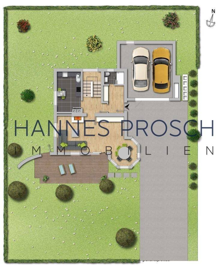 Grundriss des Erdgeschosses mit offenem Wohnbereich, Terrasse und Doppelgarage.