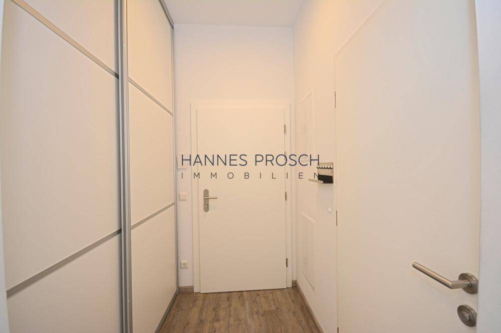 Eingangsbereich mit integriertem Kleiderschrank und heller Holztür.