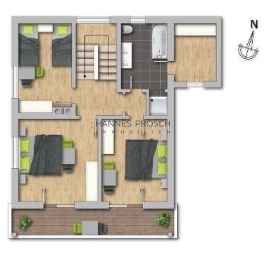 Grundriss des Obergeschosses mit drei Schlafzimmern, Badezimmer und Balkonzugang.