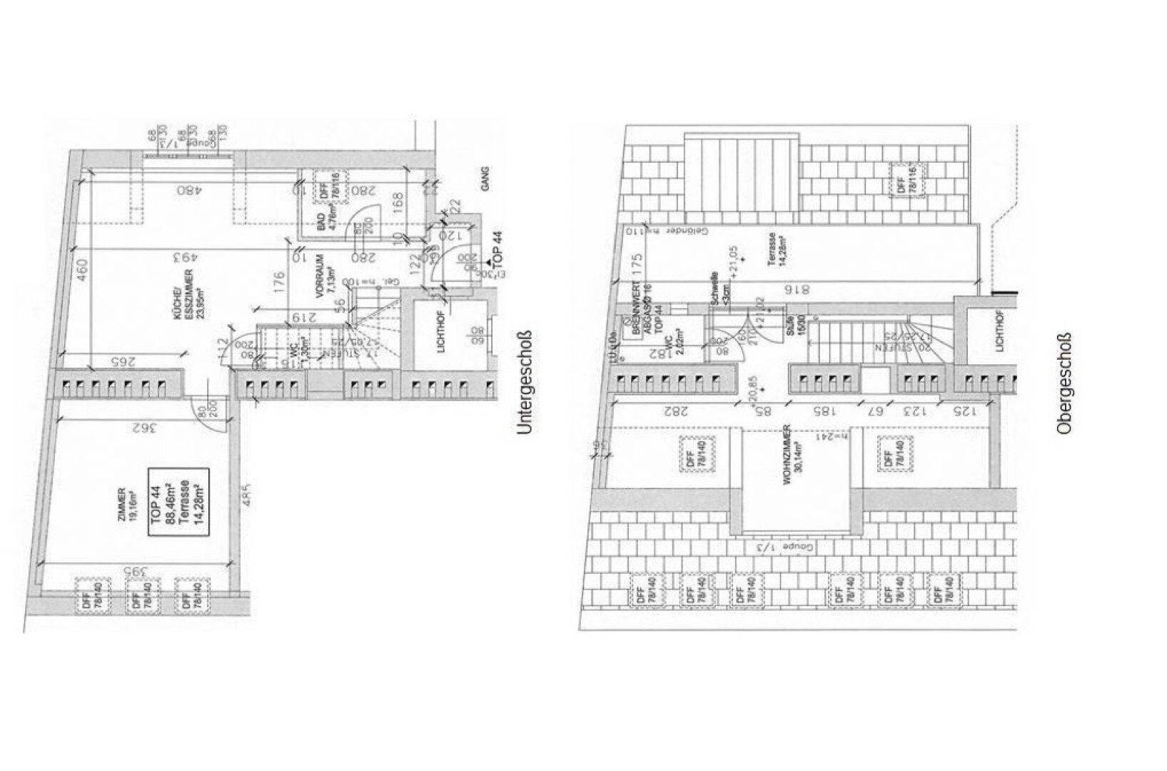Grundrissplan zeigt die Aufteilung einer Maisonette-Wohnung mit Unter- und Obergeschoss.