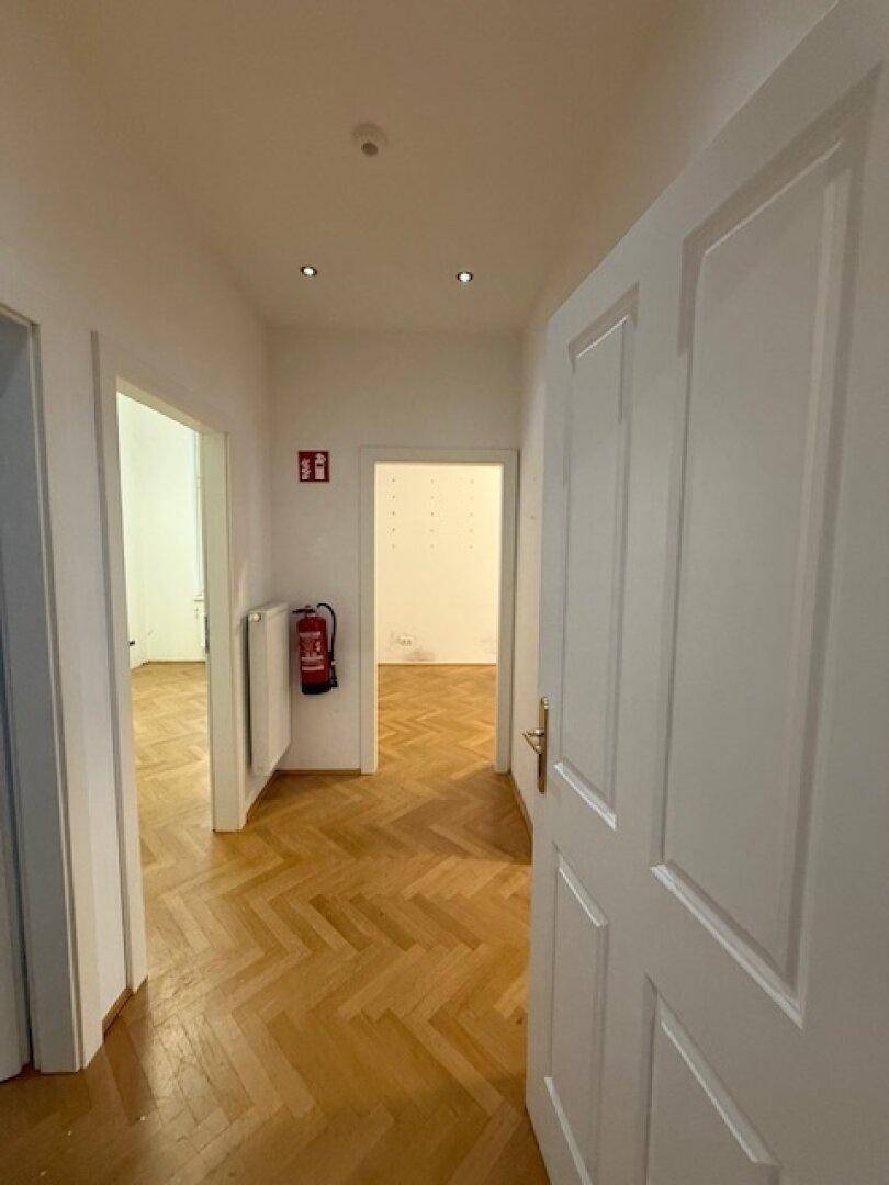 Heller Flur mit Fischgrätparkett und mehreren Türen, ausgestattet mit einem Feuerlöscher.