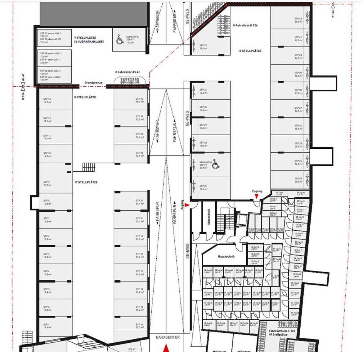 Grundrissplan einer Tiefgarage mit zahlreichen Stellplätzen und Fahrradabstellbereichen.