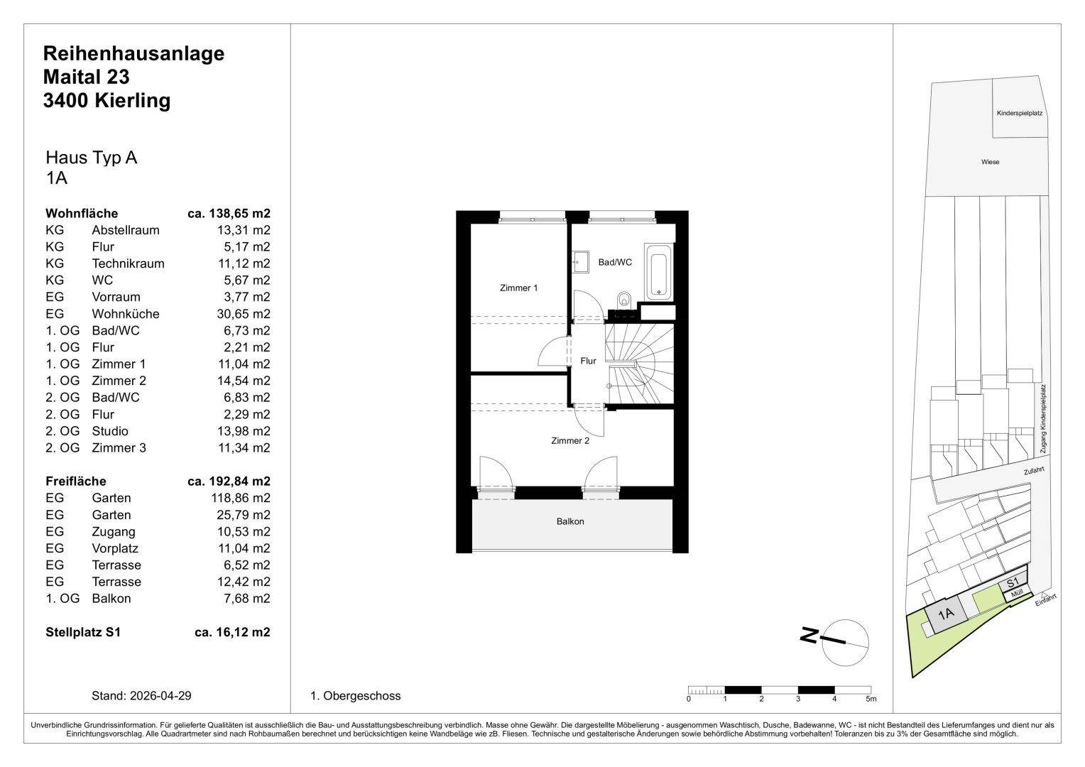 Grundriss des ersten Obergeschosses mit zwei Schlafzimmern, Bad/WC und Balkon.