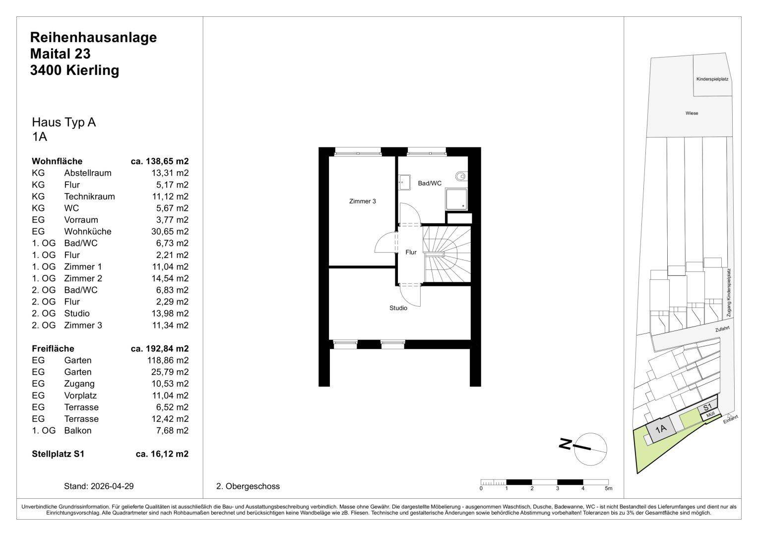 Grundriss des zweiten Obergeschosses mit Studio, Schlafzimmer und Bad/WC.