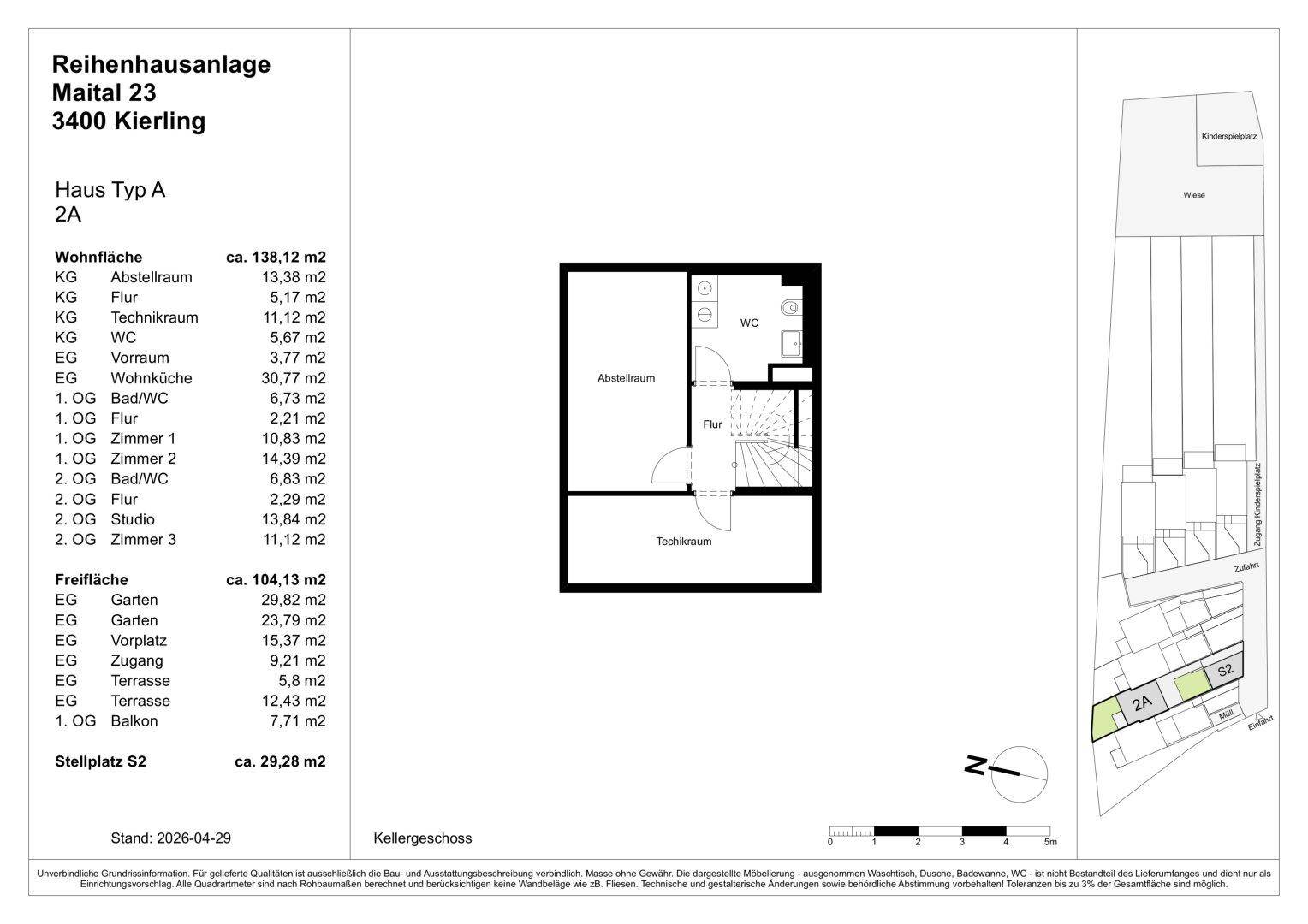 Grundriss des Kellergeschosses eines Reihenhauses mit Abstellraum und Technikraum.