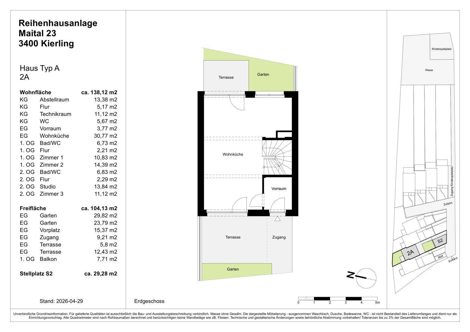 Grundriss des Erdgeschosses eines Reihenhauses mit Wohnküche, Terrasse und Garten.