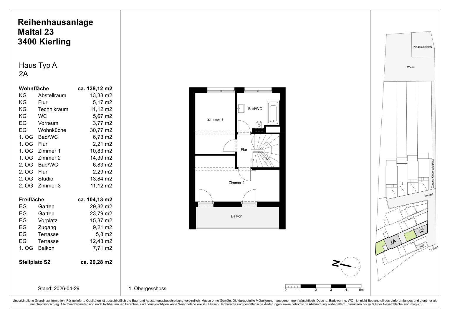 Grundriss des ersten Obergeschosses mit zwei Schlafzimmern, einem Badezimmer und Balkonzugang.