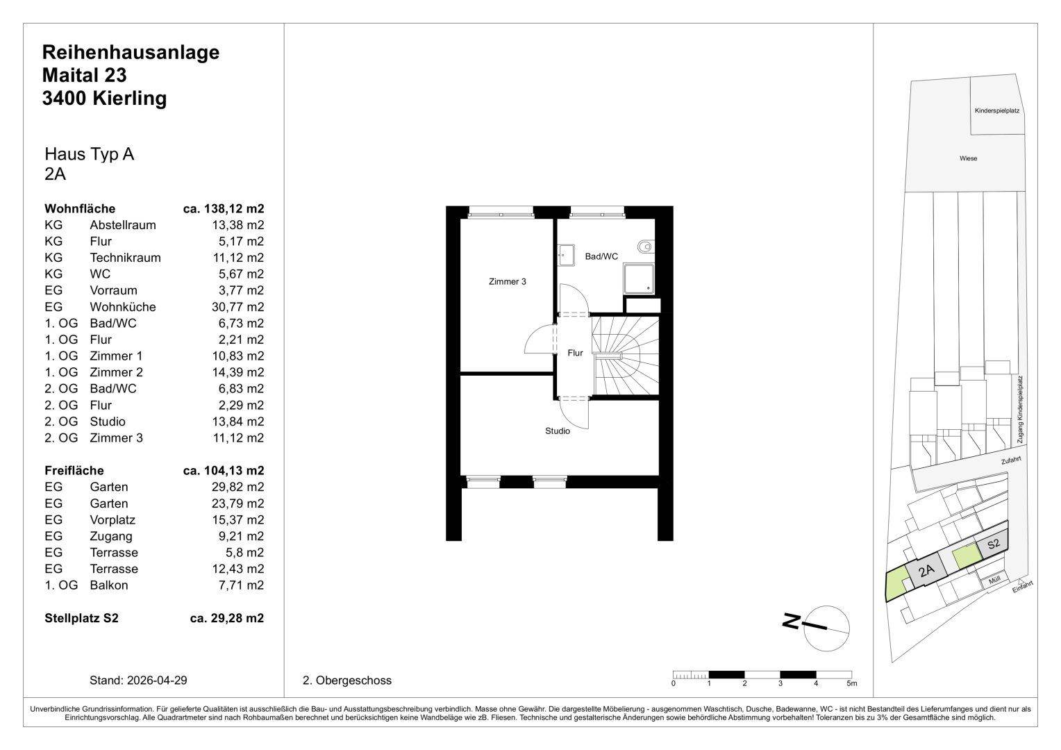 Grundriss des zweiten Obergeschosses eines Reihenhauses mit Zimmer, Studio und Bad.