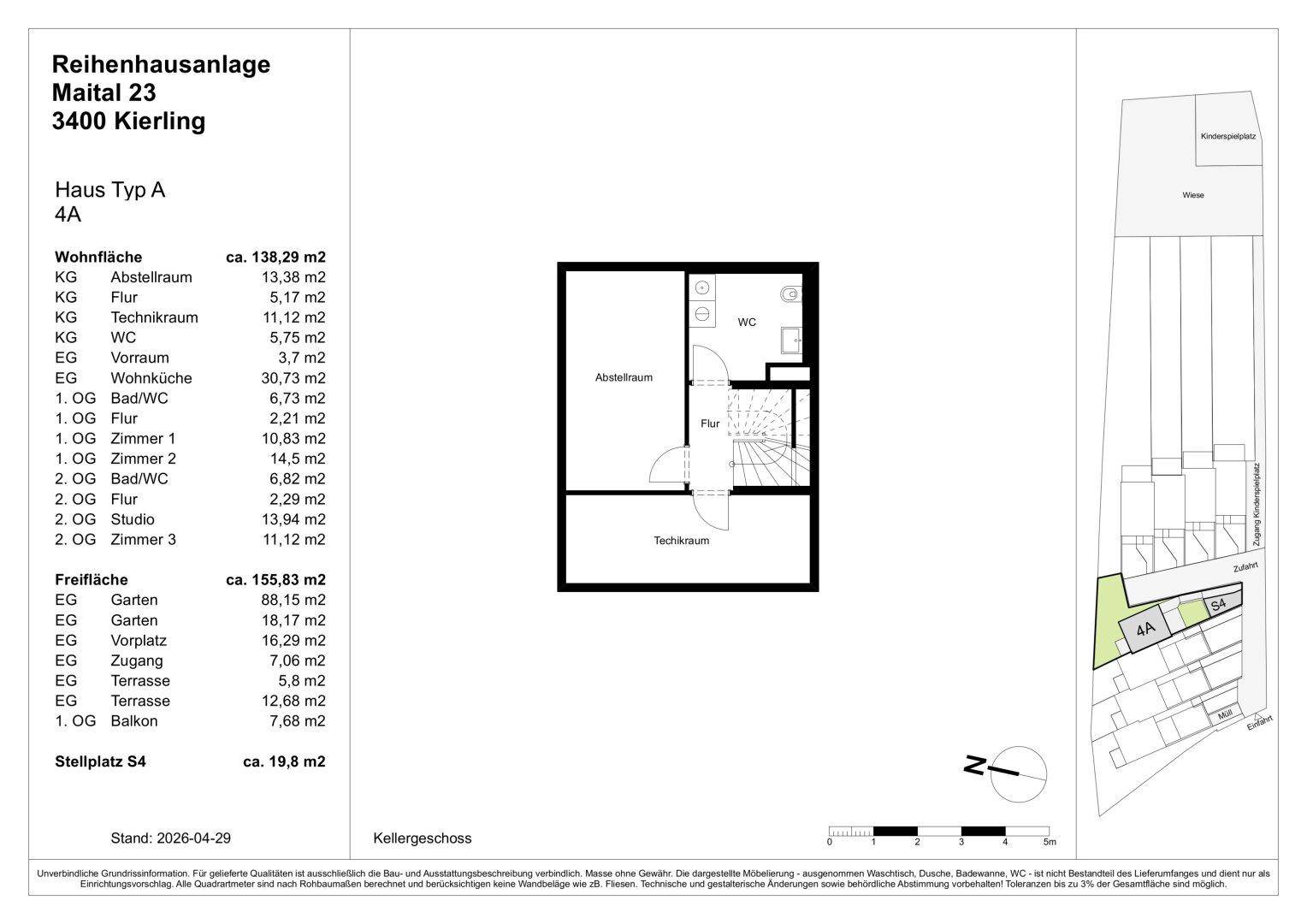 Grundriss des Kellergeschosses von Haus Typ A mit Abstellraum und Technikraum.