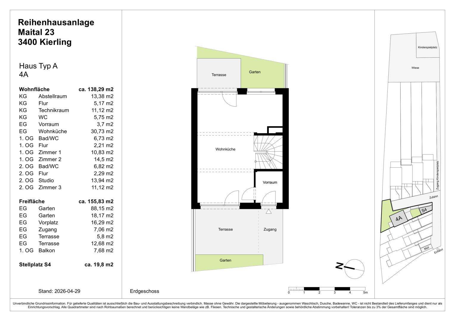 Grundriss des Erdgeschosses von Haus Typ A mit offener Wohnküche, Terrasse und Garten.