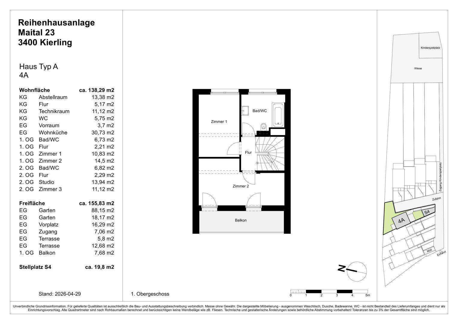 Grundriss des ersten Obergeschosses von Haus Typ A mit zwei Zimmern, Bad und Balkon.