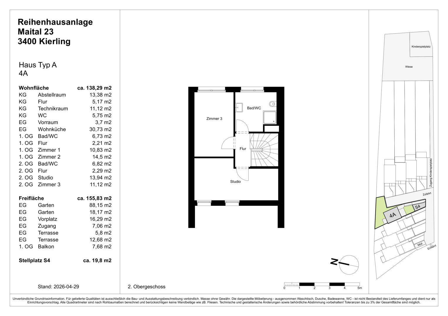 Grundriss des zweiten Obergeschosses von Haus Typ A mit einem Zimmer, Studio und Bad.