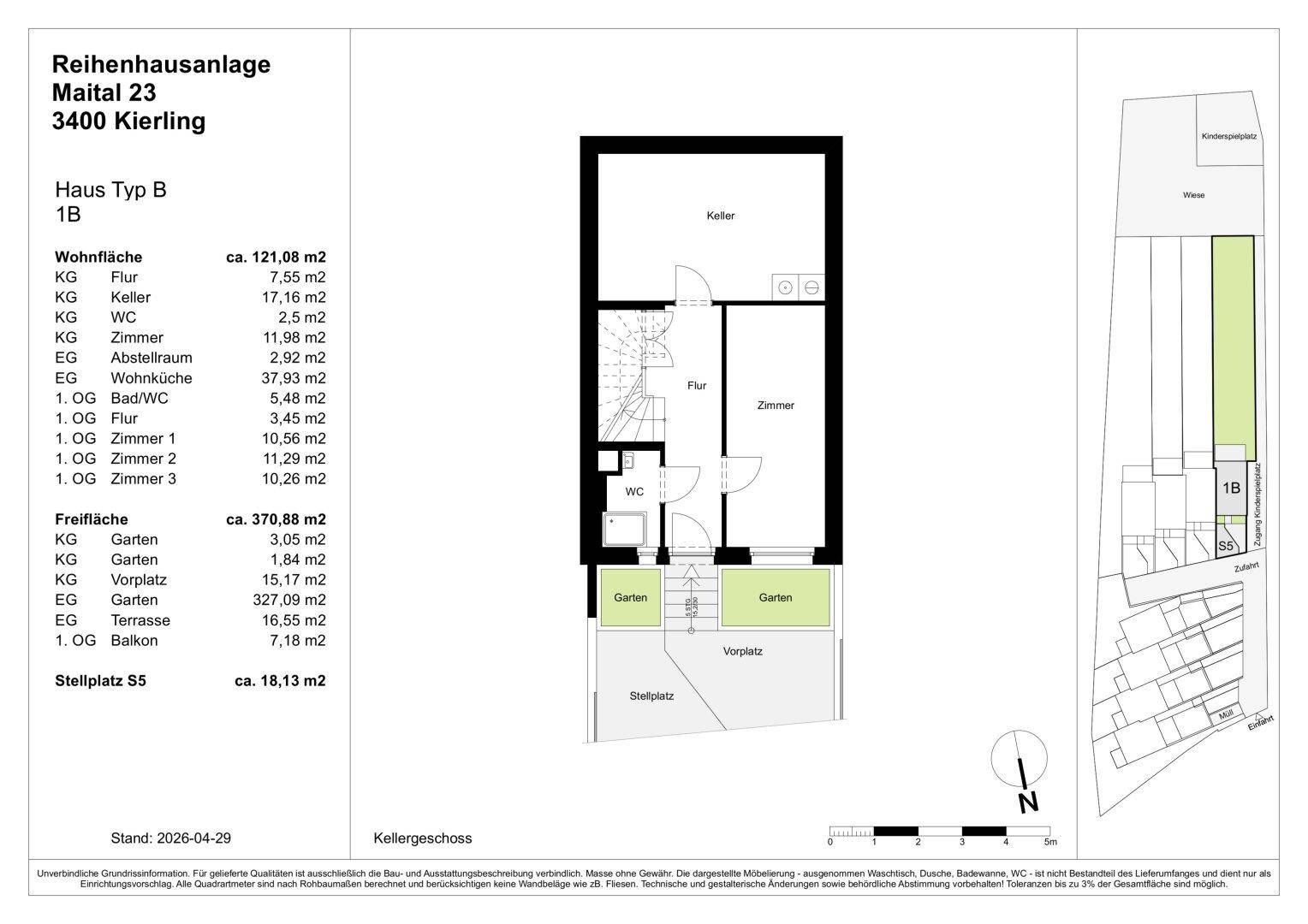 Grundriss des Kellergeschosses mit Abstellraum, WC und Zugang zu Garten und Stellplatz.