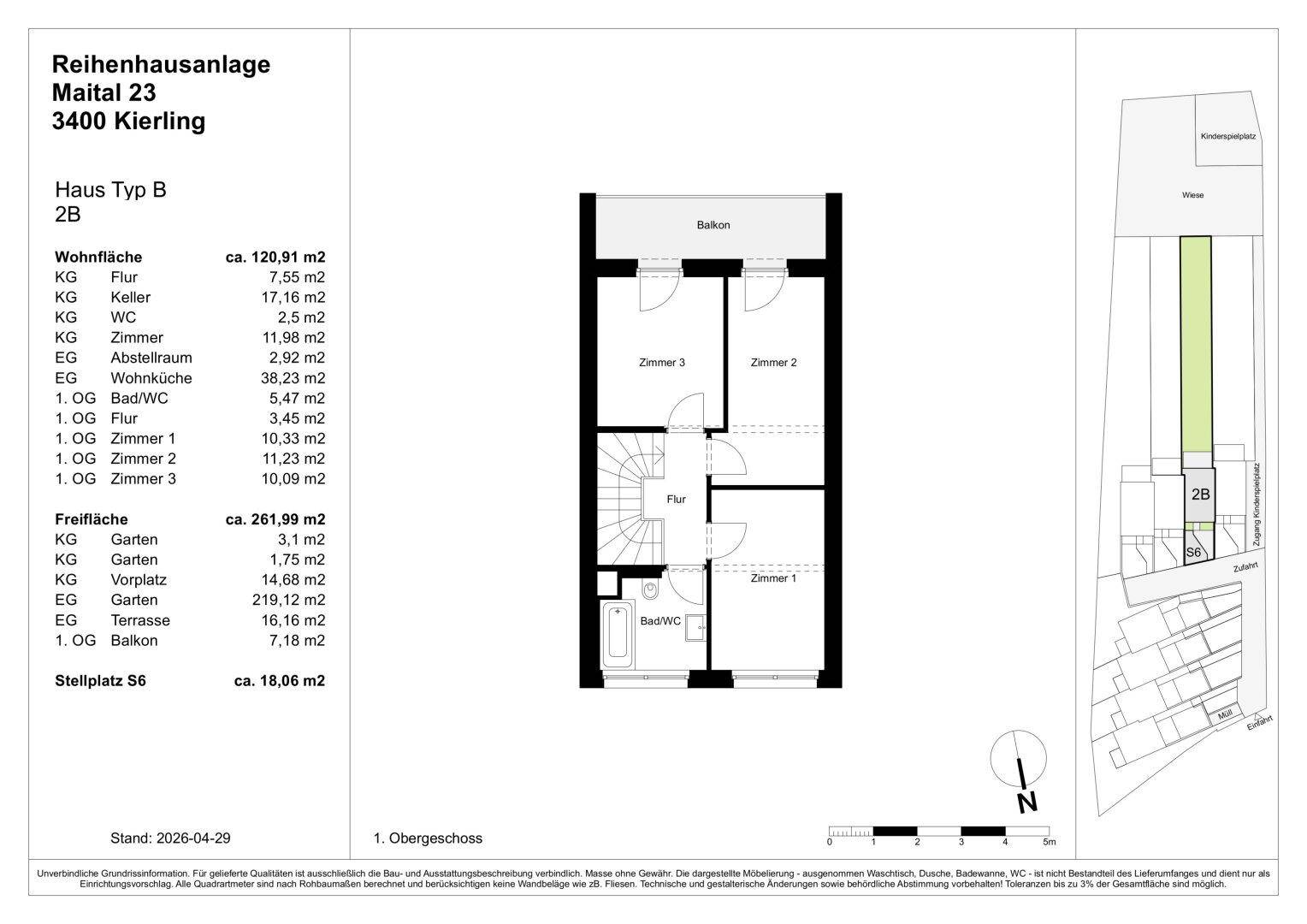 Grundriss des ersten Obergeschosses mit drei Schlafzimmern, Bad und Balkonzugang.
