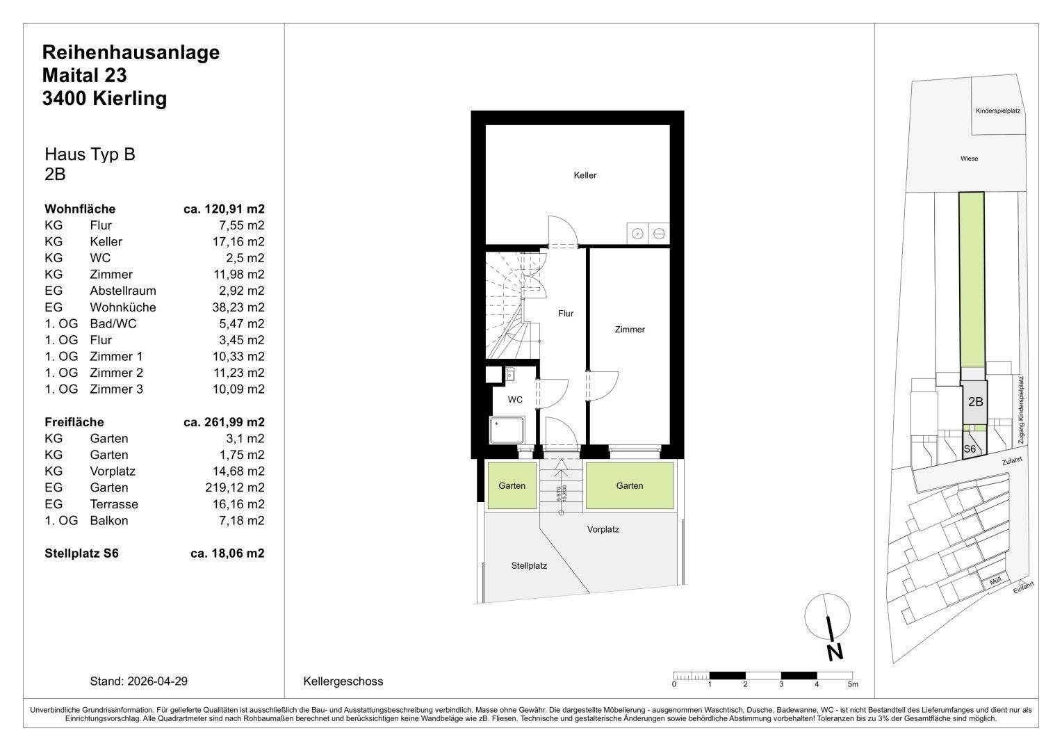 Grundriss des Kellergeschosses mit Abstellraum, WC und Zugang zu Garten und Stellplatz.