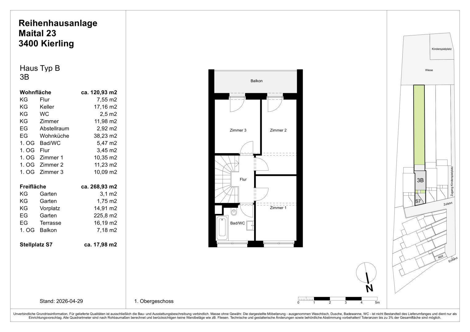 Grundriss des ersten Obergeschosses mit drei Schlafzimmern, einem Bad und einem Balkon.