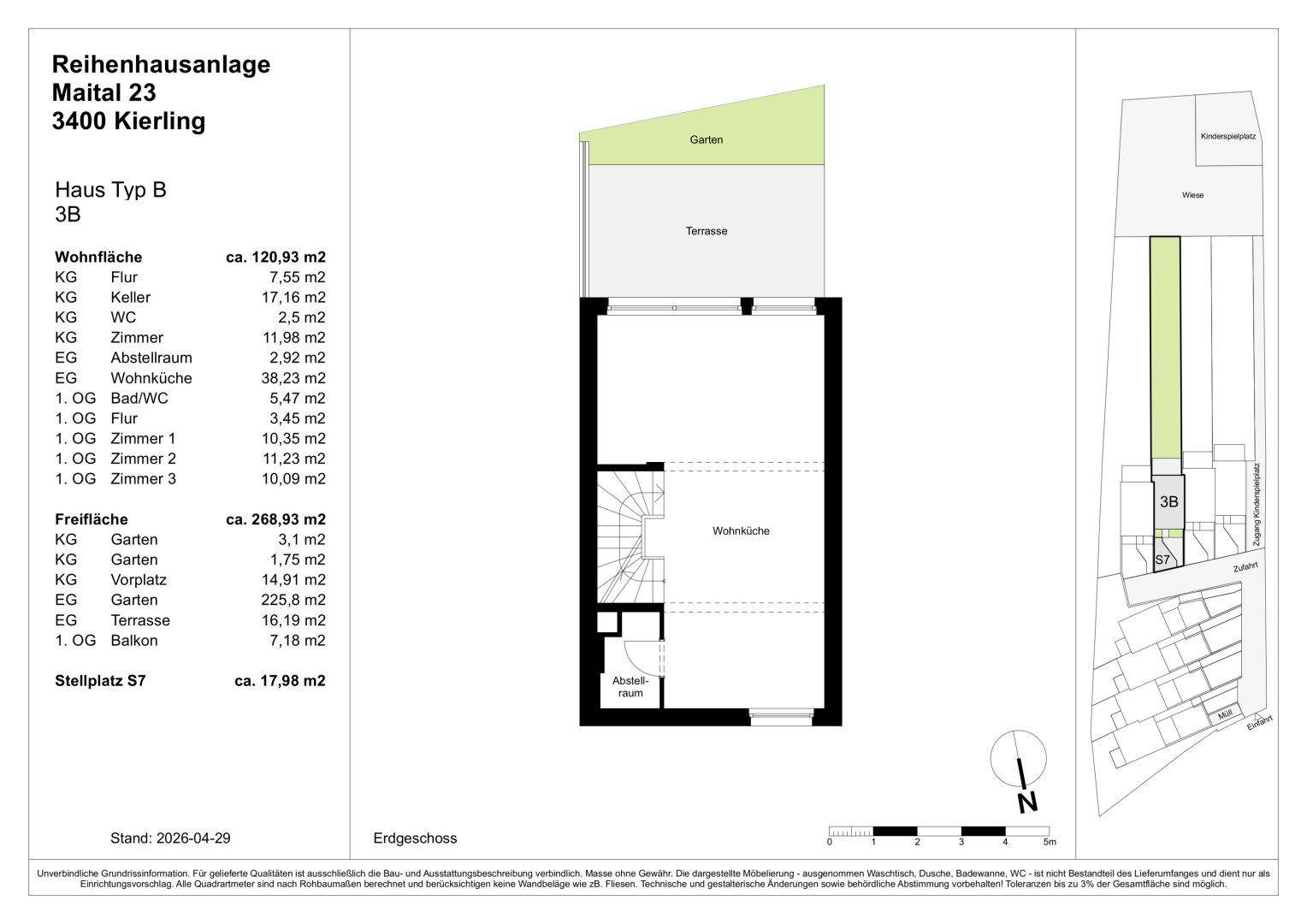 Grundriss des Erdgeschosses mit offener Wohnküche, großer Terrasse und angrenzendem Gartenbereich.