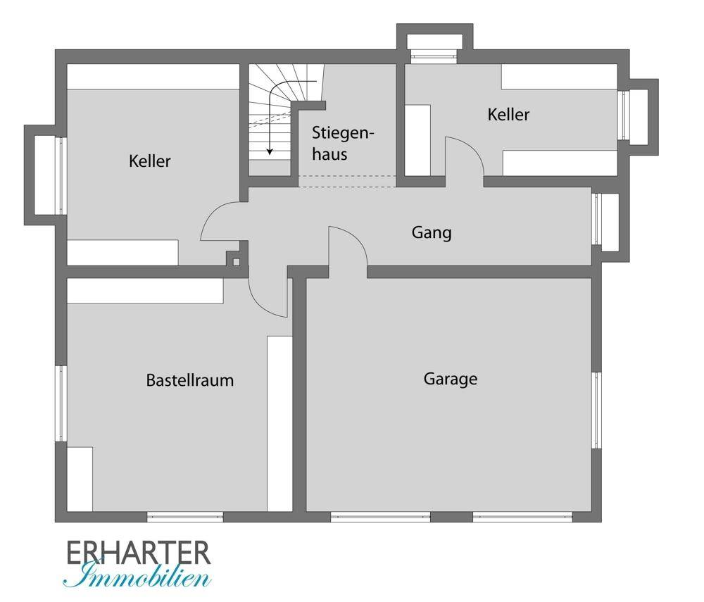 Grundriss des Kellergeschosses mit Garage, Bastelraum und Kellerräumen.